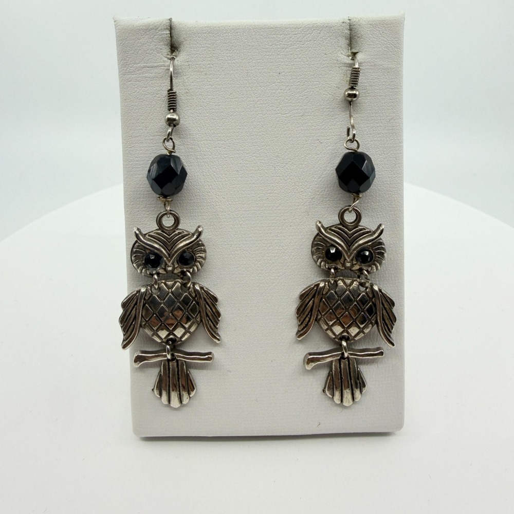 Vintage Boho Silver Tone Black Bead Dangle Owl Earrings - Classic 90s